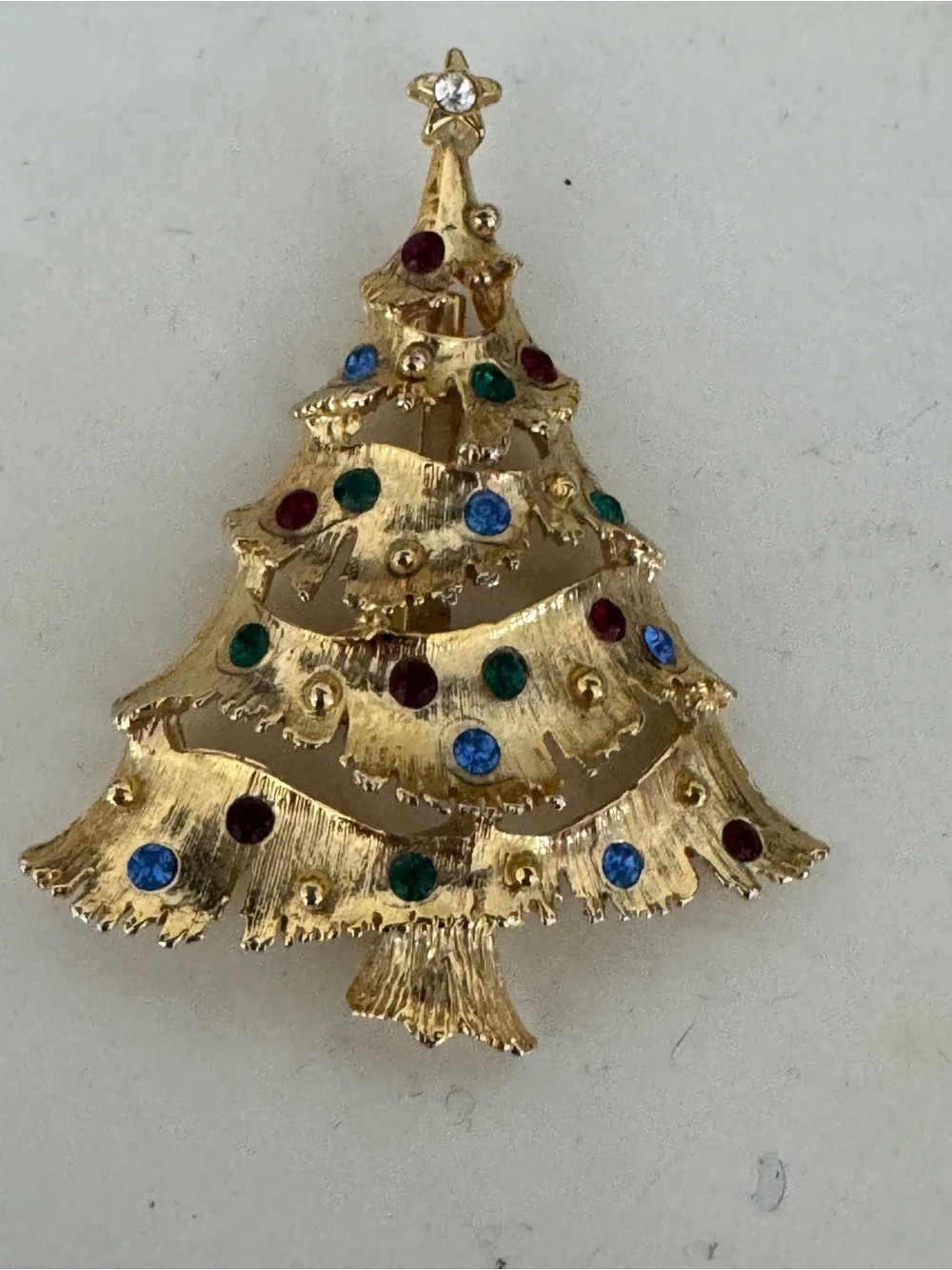 Vintage Gold Christmas Tree Brooch with Red, Green, and Blue Rhinestones